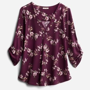 Roll Tab Knit Top - Burgandy Floral Pattern